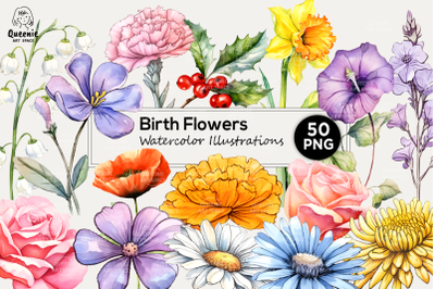 Birth Flowers | Birthday Month Flower Head Watercolor PNG