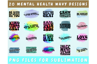 Mental Health Wavy Text Sublimation Designs Bundle, 20 Designs
