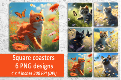 Spring cat Square Coaster, Sublimation Coaster Designs bundle