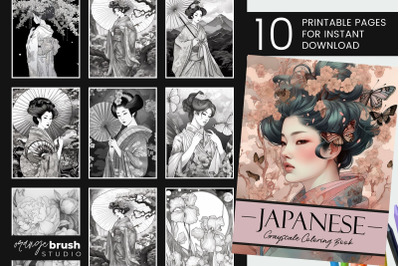 Japanese Geisha Coloring Book, 10 Greyscale Coloring Pages