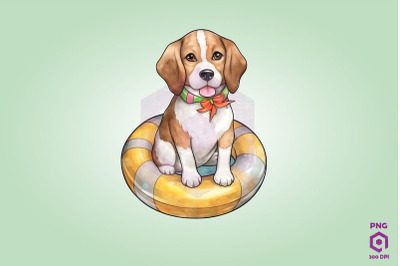 Beagle wearing swim float