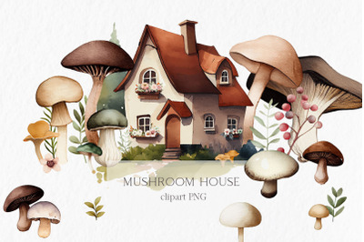 Mushroom house Watercolor Clipart PNG -  autumn cozy cute sublimation