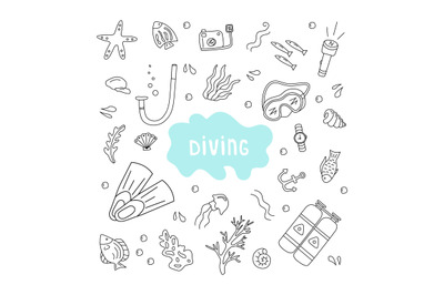 Diving themed set in doodle style