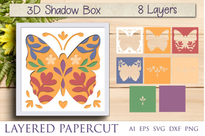 Butterfly and flowers 3d shadow box, Layered svg