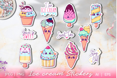 Cute kawaii cartoon ice cream stickers | Summer clip art