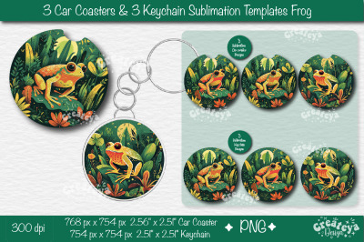 Car coaster Sublimation Bundle| Round Keychain Sublimation Frog PNG te