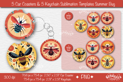 Car coaster Sublimation Bundle| Round Keychain Sublimation Summer bug