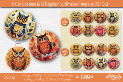 Car coaster Sublimation Bundle| Round Keychain Sublimation 3D Owl PNG