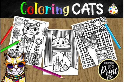 Patchwork Portrait Cats Printable Coloring Pages