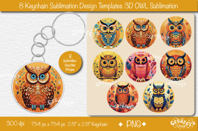 Round Keychain Sublimation Bundle 3d owl Keychain sublimation template