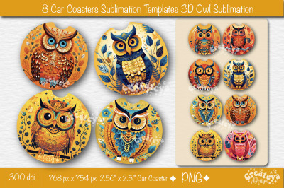 Car coaster Sublimation Designs Bundle 3D Owl Round Sublimation PNG te