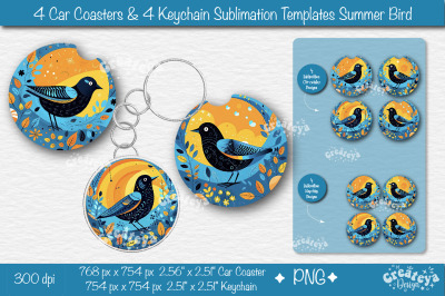 Car coaster Sublimation Bundle| Round Keychain Sublimation Summer Bird