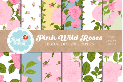 Pink Wild Roses Digital Papers, Seamless Pattern, Scrapbook Paper, Dig