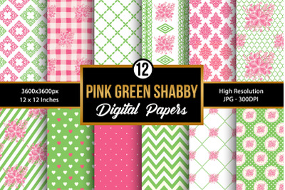 Pink &amp; Green Shabby Chic Digital Papers, Floral Patterns