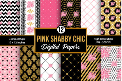 Pink Black &amp; Gold Shabby Chic Digital Papers