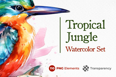 Tropical Jungle - 110 Watercolor Set (Flowers, Leaves, Birds)