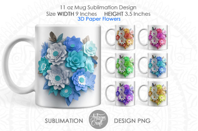 3D flower mug sublimation wrap, 11oz mug template, 3D paper flowers
