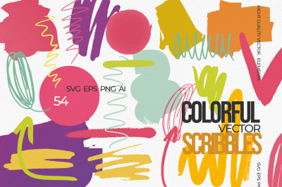 Colorful scribbles vector set of spots, arrows, abstract shapes