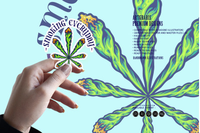 Lit weed joint form into cannabis leaf logo illustrations