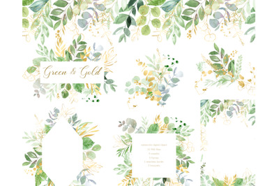 Watercolor Green and Gold Foliage Clipart, Greenery frames, bouquets