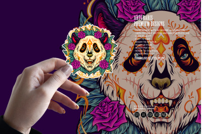 Sugar skull panda with rose flower frame illustrations