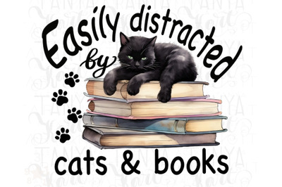 Black Cat On Books Digital Print Art, Png for Sublimation