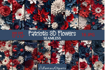 Patriotic 3D Flowers Digital Paper | 4th Of July Seamless Patterns