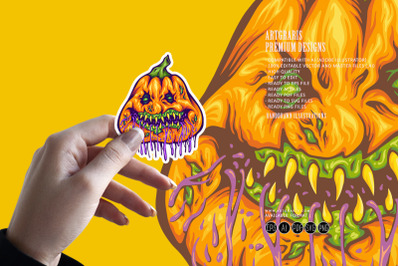 Rotten pumpkin monster head gooey halloween creature illustrations