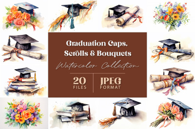 Graduation Caps, Scrolls &amp; Bouquets Watercolor Collection