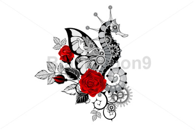 Mechanical seahorse with red roses