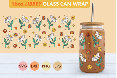 Retro Groovy Daisies SVG 16 oz Libbey Glass Can Wrap