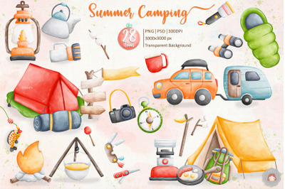 Watercolor Summer Camping Travel Clipart Sublimation