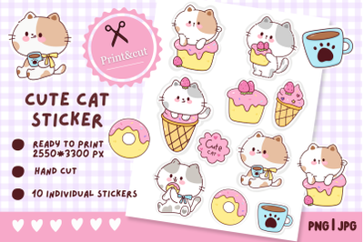 Kawaii cat. Print and cut stickers- cute cat png