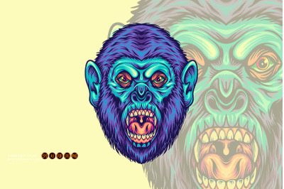 Mad gorilla head jungle king cartoon illustrations