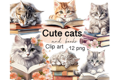 Cute Cats Clipart With Books - 12 Png Files