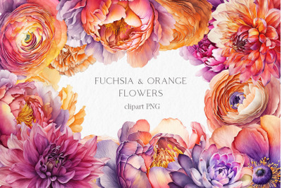 Fuchsia orange flowers Watercolor Clipart PNG - pink summer bright