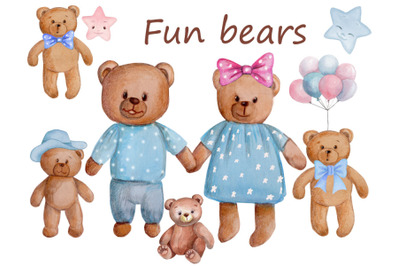 Fun teddy bears. Childish primitive watercolor art. Illustrations.