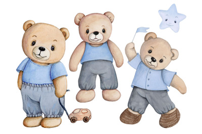 Teddy Bears in blue shirts, new set. Watercolor illustrations.
