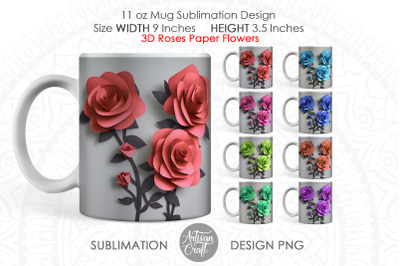 3d Roses mug sublimation, 11oz mug template, 3d mug PNG, 3d flowers