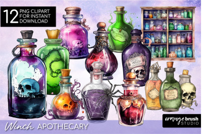 Witch Apothecary Clipart Watercolor Halloween Potion Bundle