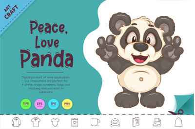 Cartoon Panda Peace&2C; Love. Clipart.