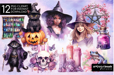 Purple Witch Clipart Bundle, Watercolor Halloween Clipart