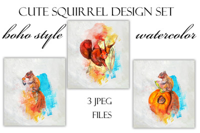 Set of cute squirrels, 3 files, boho style watercolor