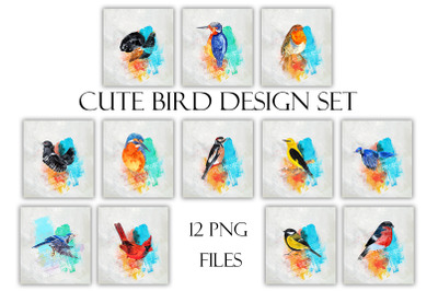 Set of cute birds, 3 files, boho style watercolor