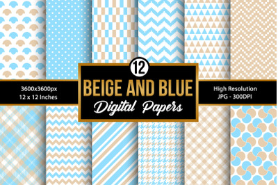 Beige &amp; Blue Digital Paper Seamless Patterns