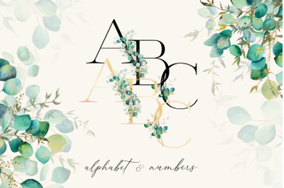 Black and Gold - Alphabet with watercolor greenery