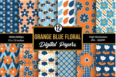 Orange and Blue Cute Flowers Seamless Pattern Digital Papers