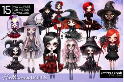 Halloween Dolls Witch Clipart Bundle, Gothic Clipart PNG