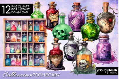 Halloween Apothecary Watercolor Clipart, Magic Potion Bottle