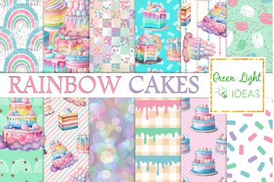 Rainbow Birthday Cakes Digital Papers, Desserts Seamless Patterns